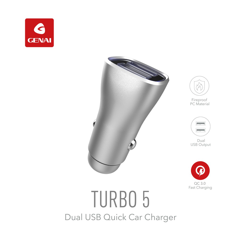 GENAI TURBO 53 CAR CHARGER FAST SYNC QUICK CHARGE QC3.0 DUAL USB PORT 4.8A ULTRA COMPACT AND LIGHTWEIGHT FIREPROOF